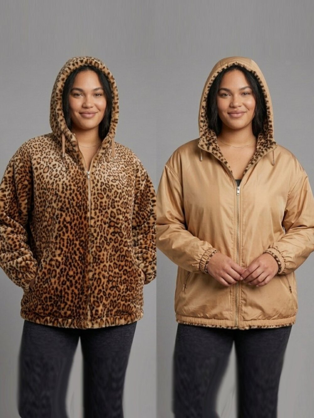 L Vintage 00s Reversible Leopard Faux Fur Windbreaker Hood Bomber Coat 90s Y2K